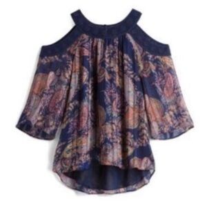 Daniel Rainn Boho Navy Paisley Pleated Chiffon Blouse Crochet Neckline XL